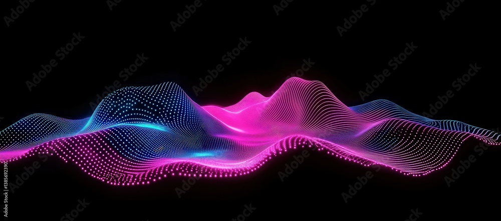 Wall mural abstract background with blue and pink glowing dots on a black canvas, creating dynamic waves of lig