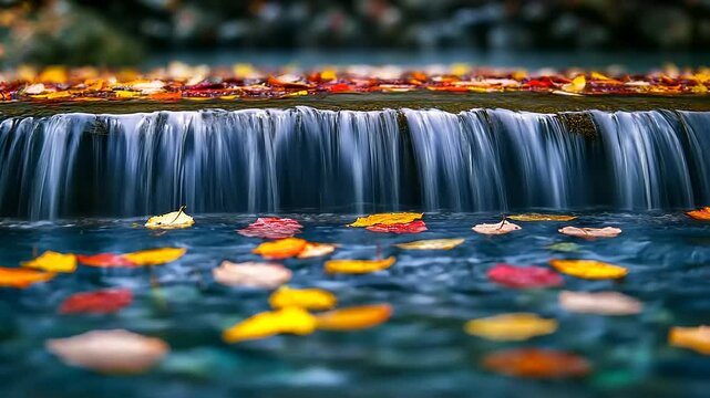 Tranquil waterfall with autumn leaves floating on serene water surface in natural landscape setting