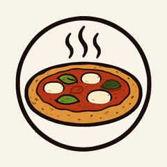 This logo image depicts a hot, freshly baked Margherita pizza with a golden crust, tomato sauce, mozzarella balls, and fresh basil leaves. 