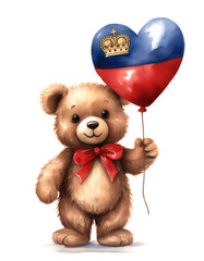 リヒテンシュタインの国旗のハート型風船を持ったかわいいクマのぬいぐるみ。白背景。(Cute teddy bear holding a heart-shaped balloon with the Liechtenstein flag on white background.)

