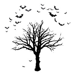 Obraz premium a silhouetted, barren tree stands against a light gray backdrop surrounded by a swarm of flying bats creating a spooky halloween scene.