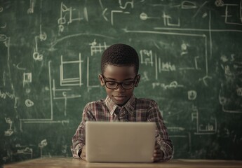 A young boy wearing glasses is sitting at a desk with a laptop open in front of him. He is looking at the screen with a focused expression