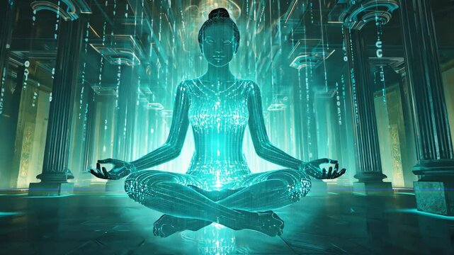 Futuristic Hologram Woman Meditating in Digital Temple for Sci-Fi, AI, Virtual Reality, Metaverse or Tech-Based Spirituality Visual Projects.