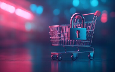 Ecommerce safety concept, padlock with shopping cart, minimalist design illustrating secure online payments, digital protection, generative AI, 8K render