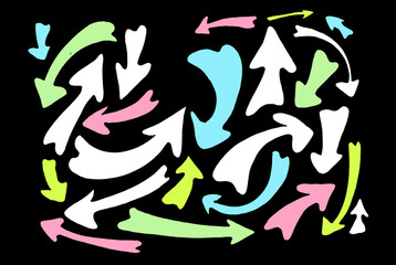 Original name(s): Doodles arrows set in different colors and sizes pattern isolated on black background, ideal for textiles and stationery