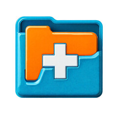 Fototapeta premium a glossy, square icon features an orange folder overlaying a blue background with a white plus sign in the center.