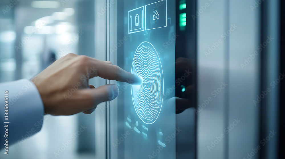 Wall mural a person using a biometric fingerprint scanner on a modern office door, clear fingerprint interface 