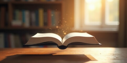 Book cover suspended in mid-air with a soft white glow, dreamy, misty background