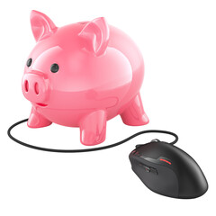 Piggy bank with computer mouse. Online bank, concept. 3D rendering isolated on transparent background