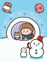 可爱卡通风格的冬季滑雪活动男孩女孩