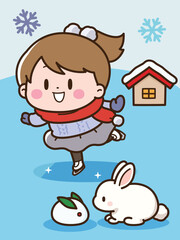 可爱卡通风格的冬季滑雪活动男孩女孩