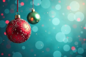 Fototapeta premium Colorful ornaments hang from a frosted glass blue background with red and green accents, hanging, gift