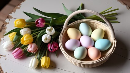 Easter Eggs and Tulips Still Life