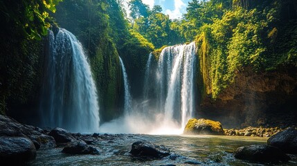 Lush rainforest waterfall cascading into a serene pool