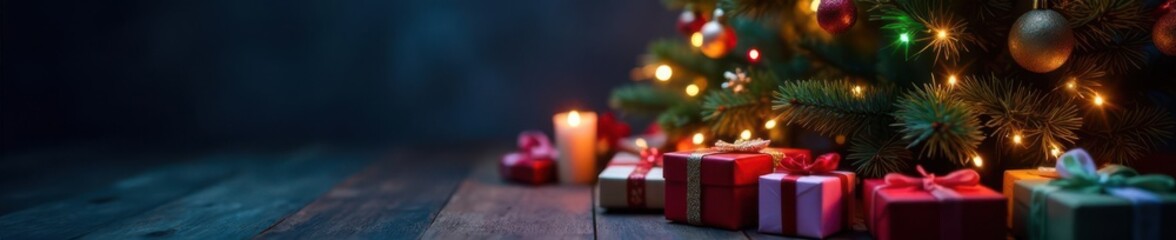 Decorated Christmas tree with colorful lights and presents, colorful lights, gift wrapping