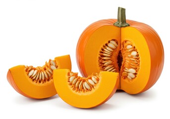 Photorealistic pumpkin whole sliced vibrant isolated white background
