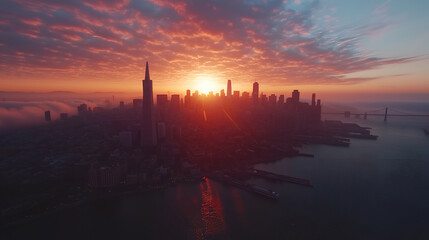San Francisco Skyline at Sunrise: Aerial Drone View with Vibrant Golden Hour in Bay Area