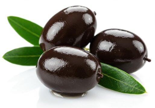 Dlack olives glossy surface green isolated white background
