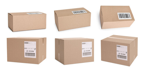 Many different parcels with shipping labels isolated on white, collage