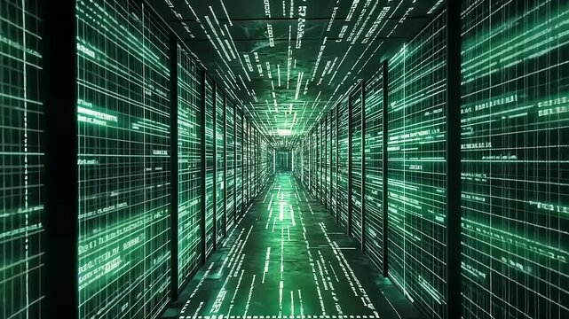 Abstract digital corridor with green data streams and futuristic technology concept