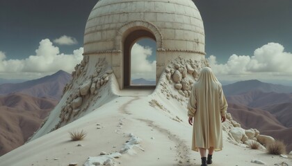 Pilgrim Walking Towards Temple Gate In Desert Landscape Fantasy Concept Art