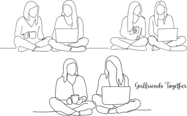 Girls Are doing Teamwork With Drinking Coffee One Line Drawing Illustration In Editable Stroke Style