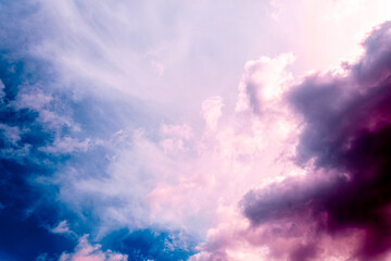 Fairy colourful sunset sky. Amazing view. Purple lilac clouds