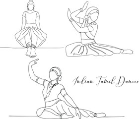 Continuous One Line Art Drawing  Illustration of Indian Tamil Dancer in Classical Dance Poses