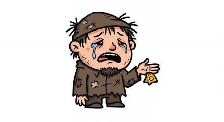 Obraz premium Cartoon of a impoverished man weeping with his meager belongings, a poignant illustration