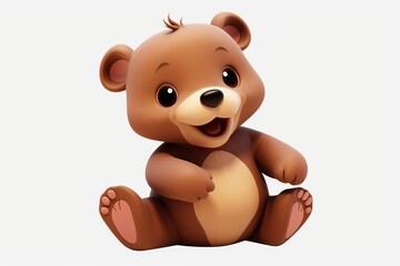 Fototapeta premium Furry brown bear cub sitting contentedly, soft paws resting on rounded belly, bright eyes gleaming with playful innocence against pristine white background