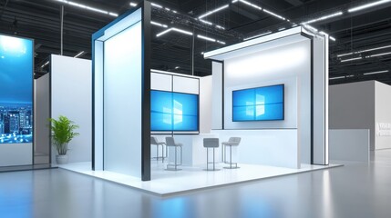 Modern Exhibition Booth with LED Screens and Minimalist Design