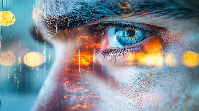 Captivating close-up of a thoughtful eye urban setting futuristic aesthetic introspective mood artistic perspective