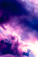 Fairy colourful sunset sky. Amazing view. Purple lilac clouds