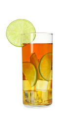 Refreshing tea with ice cubes and slices of lime isolated on white