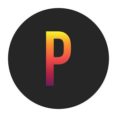 Vibrant Gradient Capital Letter P Glowing with Bright Yellow, Vivid Orange, Deep Red, and Dark Purple Tones on Dark Gray Circular Background Symbolizing Beginning, Unity, and Creativity in Digital