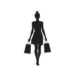 A smiling fashion shopper, a silhouette of a woman holding bags after a retail purchase