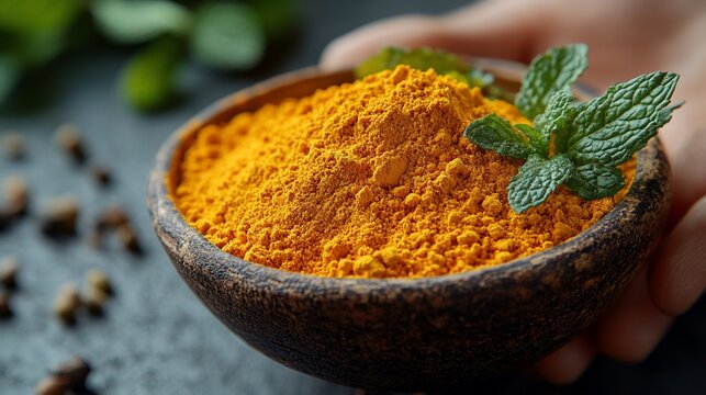 Turmeric powder in a bowl with mint leaves.