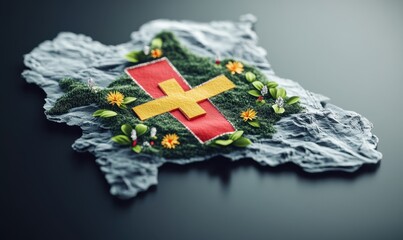 Andorra map with flag, flowers, grass, on dark background, for travel or nature themes