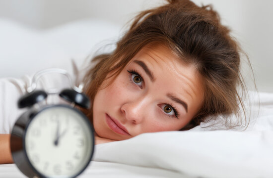 A young woman lies in bed looking thoughtfully at her alarm clock, battling insomnia in the stillness of the night