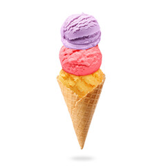 Yummy ice cream served in waffle cone in air on white background