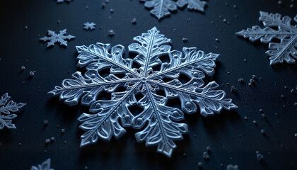 Snowflake close-up on dark background with intricate details  