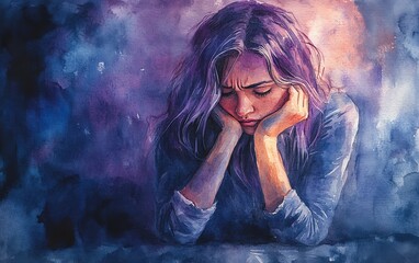 A heartfelt watercolor illustration of a woman struggling with depression and anxiety, dark and muted hues representing despair and emotional fatigue, expressive and somber tone