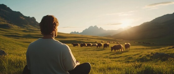 Yogi performing extended side angle on a high-altitude plateau with wild horses