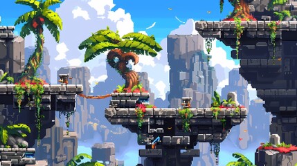 Plateformes flottantes pixel art dans jungle fantastique, personnages miniatures, ciel bleu nuageux, design r&eacute;tro pour jeu vid&eacute;o de plateforme