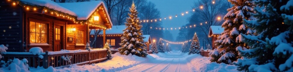 Fototapeta premium Winter wonderland scene with snow-covered trees, twinkling lights and festive garlands, holiday background, twinkling lights, festive garlands