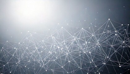 An abstract digital network with geometric patterns, interconnected dots, and subtle light flares on a white-to-gray gradient background. Suitable for business presentations