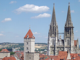 Fototapeta premium Scenic City View with Cathedral and Medieval Tower