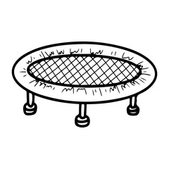 Trampoline for fitness jumping. Hand drawn doodle. Sports equipment. Cardio workout in the gym. Healthy lifestyle. Vector line art illustration.