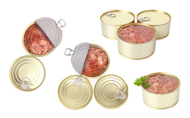 Different canned meat in tin cans isolated on white, set