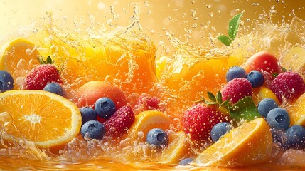 Spectacular Vector Illustration of Orange Juice Explosion with Fresh Fruits Embracing a Vibrant and Playful Summer Ambiance